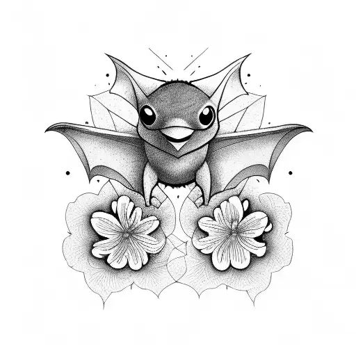 A Detailed Illustration Of A Bat Flying Over A Field Of Hannia Flowers