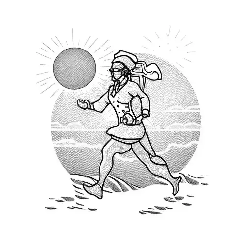 A Detailed Blackwork Tattoo Of A Nurse Running On A Beach With A Setting Sun