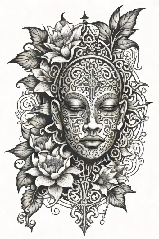 Medusas Face Covered By Blooming Lotus Flower And Vines With Bible Cross