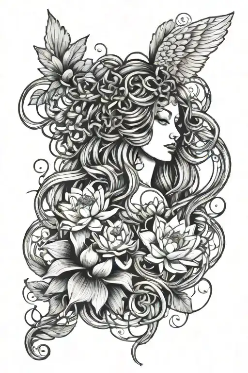 Angels Surrounding Blooming Lotus Flower Wrapped Around Medusas Hair As Vines