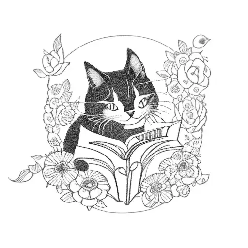 A Magical Blackwork Tattoo Of A Cat Reading A Book Surrounded By Flowers And Fairies