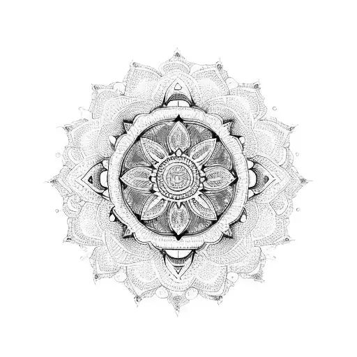 A Mandala Design Incorporating Various Spiritual Symbols And Floral Elements