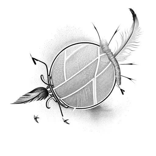 A Volleyball With Fishing Hooks And Feathers Attached To It