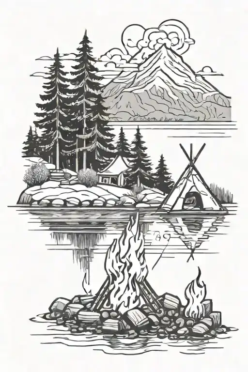 A Campsite With A Campfire And In The Background A River With A Hill And Trees