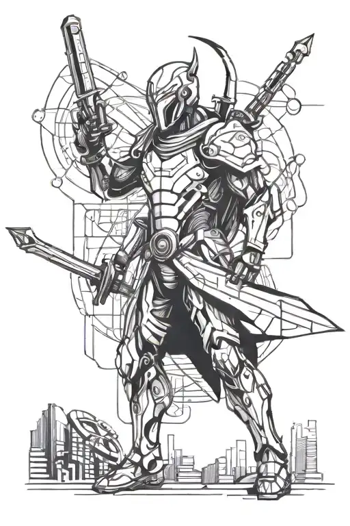 A Futuristic Cyborg Warrior Wielding A Sword Made Of Stock Market Graphs And Cryptocurrency Symbols