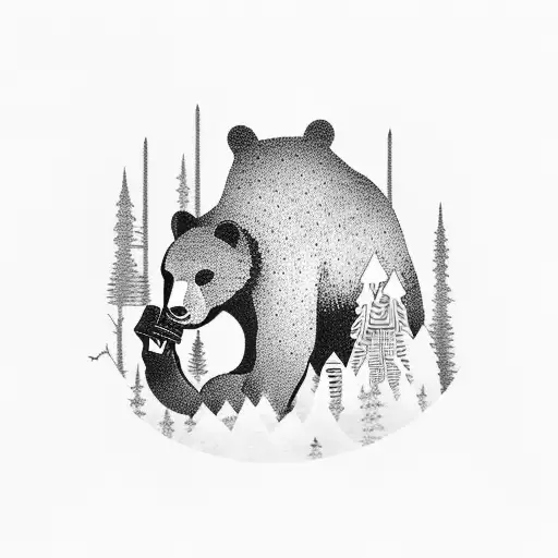 A Bear Playing A Guitar In A Futuristic Forest