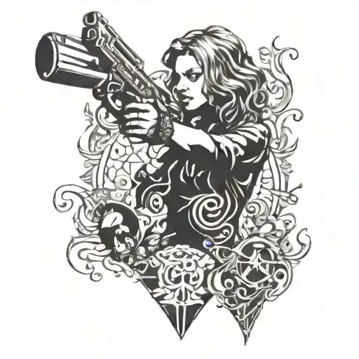 A Woman's Silhouette Holding A Gun With Karma Symbols Surrounding Her