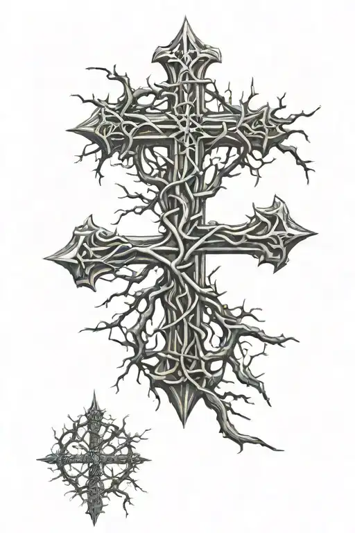 Cross With Thorns Wrapped Around It With A Big Elder Tree