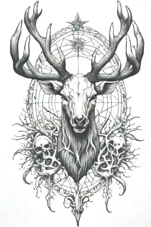 Deer And Elk Skulls With Antlers And Fish Skeletons