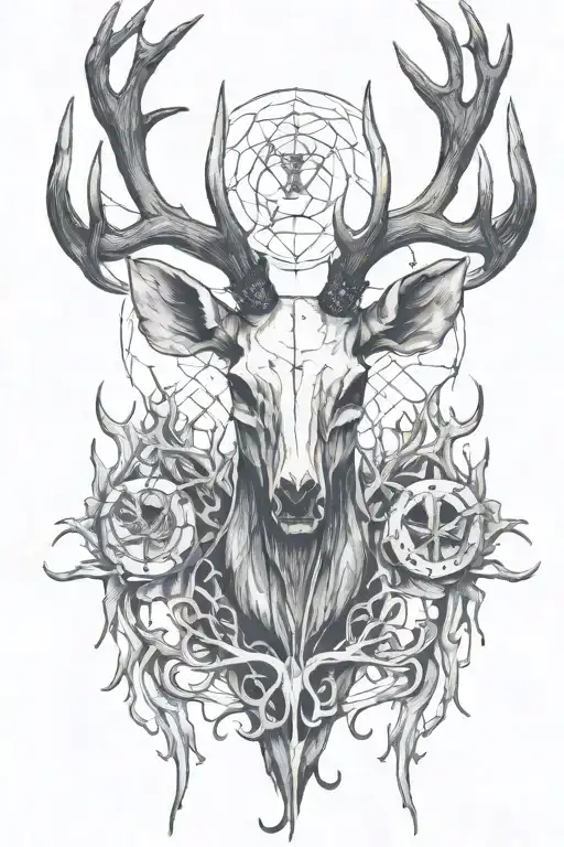 Deer And Elk Skulls With Antlers And Fish Skeletons