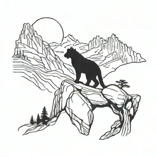 A Silhouette Of A Hiker On A Mountain Peak With A Hidden Mountain Lion In The Background
