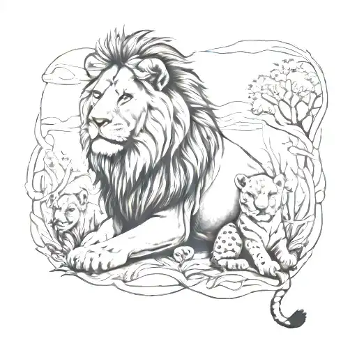 Lion Watching Cubs Playing