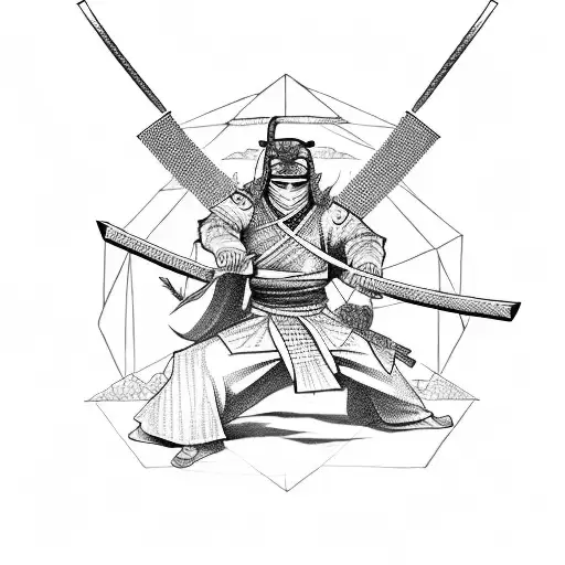 Ninja Samurai In A Fierce Battle On A Geometric Battlefield