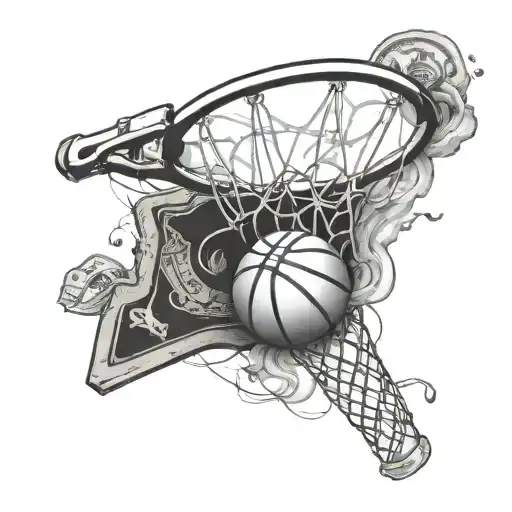 A Basketball Hoop Made Of Money Guns With Smoke Swirling Around It