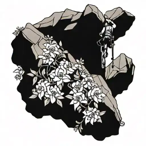 Rock Climber Hanging Off A Mountain Of Flowers