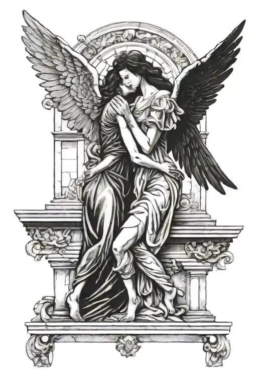 Female Angel Kisses Another Female Angel Infront Of A Broken Antique Building