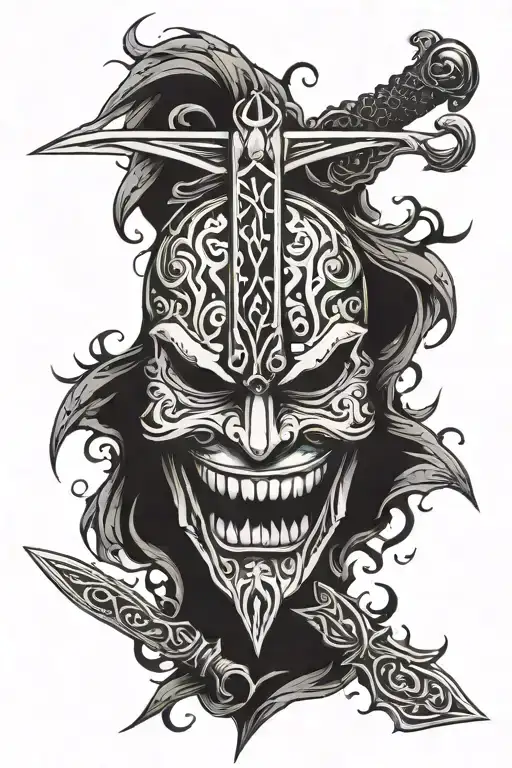 Laughing And Crying Mask With A Sword Between Them That Has A Blade Made Of Thorns