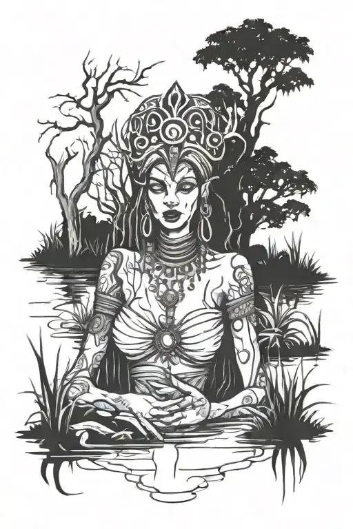 Voodoo Priestess In The Swamp Surrounded By Trees And Swamp Water
