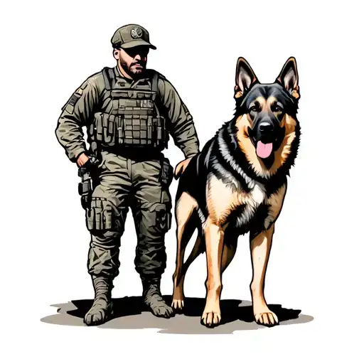 Combat Veteran With A German Shepherd Standing Side By Side In A Heroic Pose