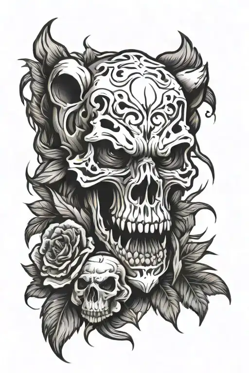 Skull And Angry Bear Head