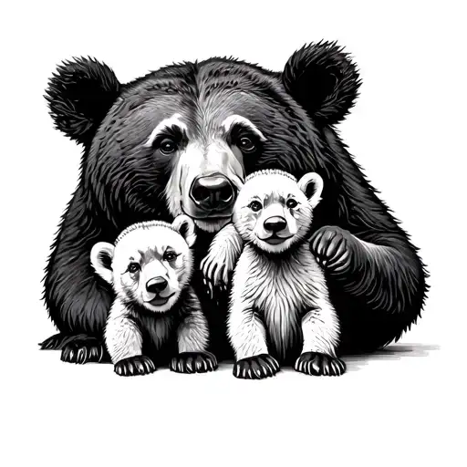 Mama Bear Sitting With Cubs Surrounded