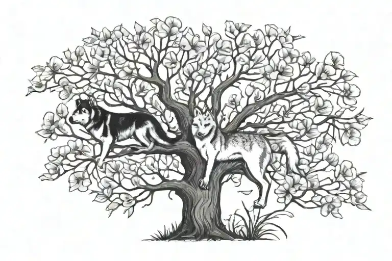 Poppy Tree With Names As Branches And A Husky Sat At The Base