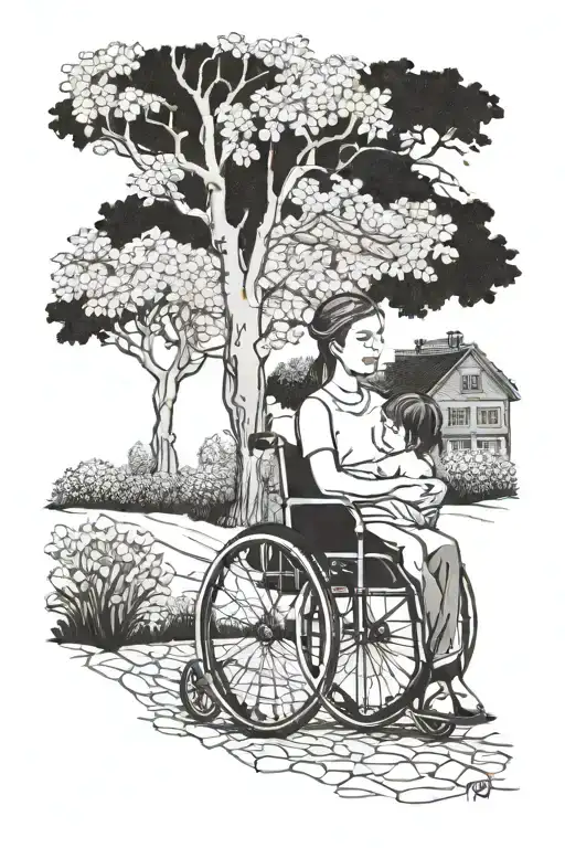 Mother Wheelchair Son Behind Her Watching Pear Trees