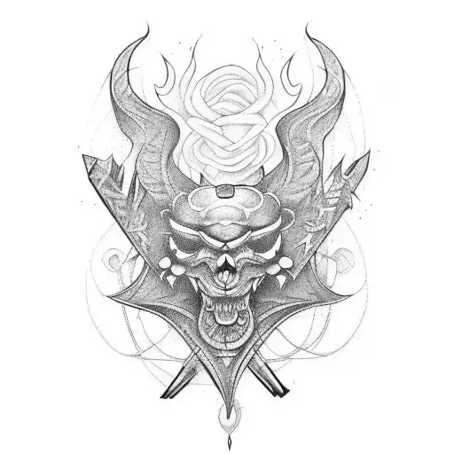 A Tattoo Design That Combines A Rock Guitar With Traditional Oriental Art Elements