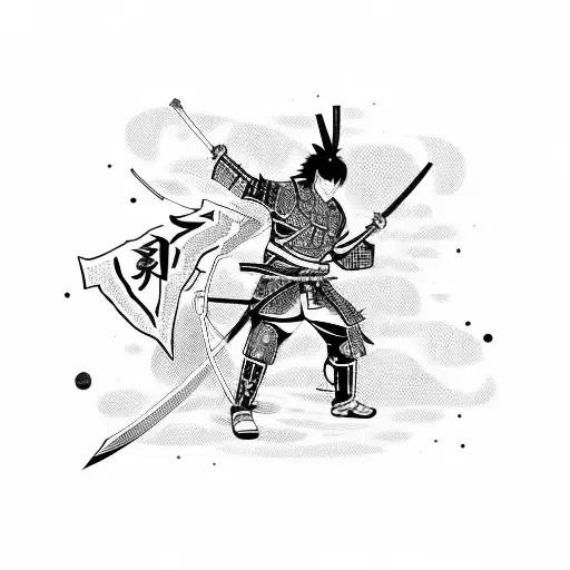 A Dynamic Scene Of A Samurai Warrior Playing An Electric Guitar Surrounded By Anime Characters