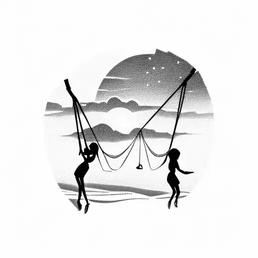 A Silhouette Of Two Girlfriends Swinging On A Beach Swingset During A Beautiful Sunset