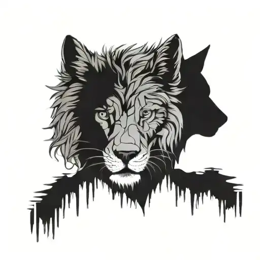 Half Lion Face And Half Wolf Face Tatoo Design