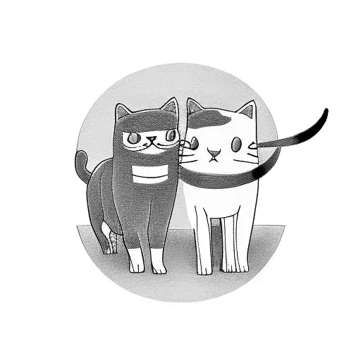 A Minimalist Tattoo Of A Cat And A Cow Sitting Together In Front Of A London Cityscape
