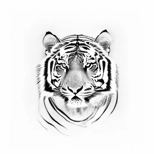 A Blackwork Tattoo Of A Serene Landscape With A Hidden Tiger Camouflaged Within