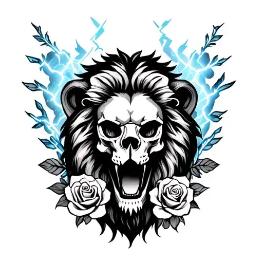 Skull And Lion And Roses And Lightning