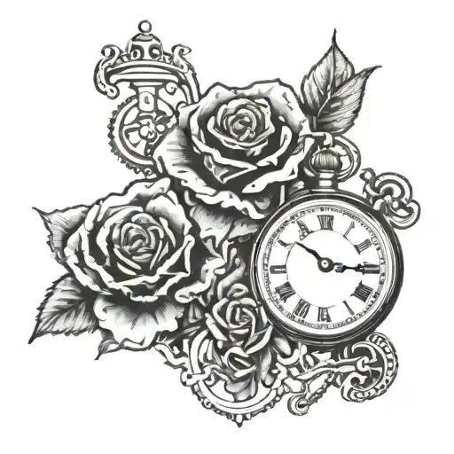 Rose And Pocket Watch Mechanism Intertwined