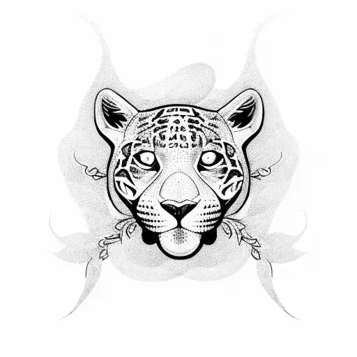 A Blackwork Jaguar With Delicate Floral Vines Intertwining Its Body