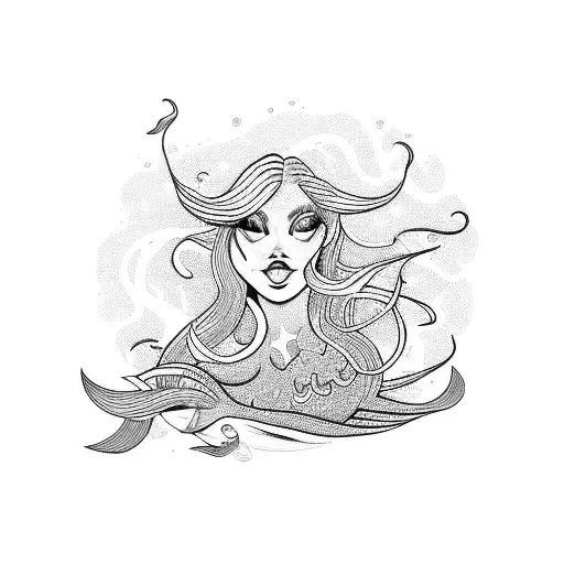 Mermaid Woman With Flowing Hair Swimming With A School Of Colorful Fish