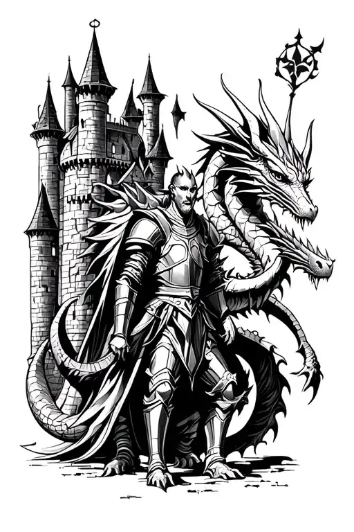 Knight And Dragon And Castle