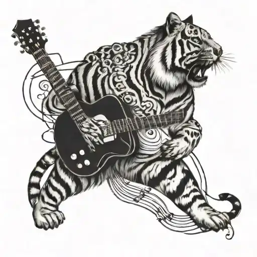 A Tiger Playing A Guitar With Musical Notes Floating Around It
