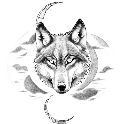 A Blackwork Tattoo Of A Wolf Howling At The Moon In A Countryside Setting