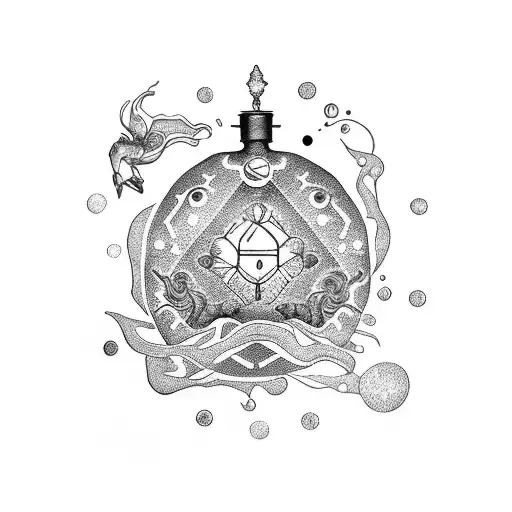 A Dotwork Tattoo Of A Potion Bottle With Pisces And Cancer Constellations Inside