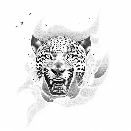 A Blackwork Tattoo Of A Jaguar Walking Along The Beach At Sunset