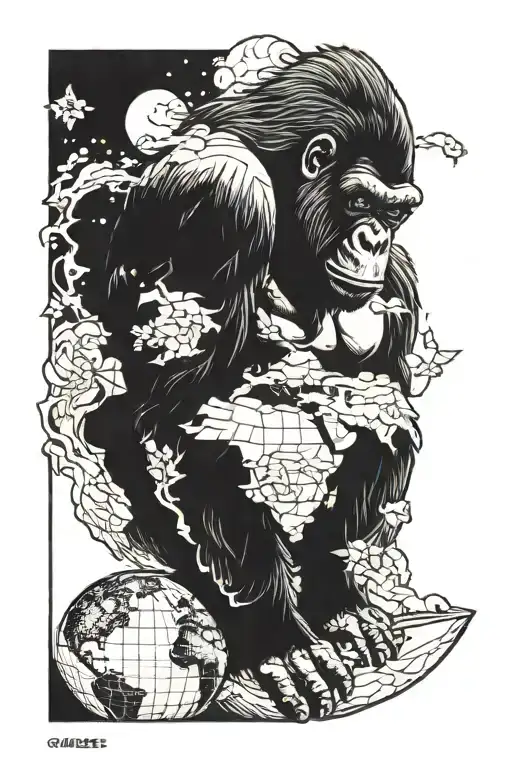 Gorilla Looking Over Earth Globe Sad