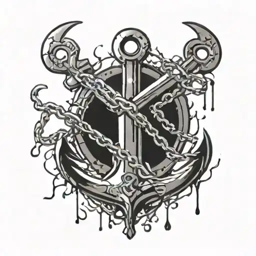 Blades Connected By A Chain At The End Of Which Is An Anchor From Which Blood Drips