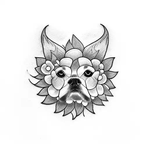 A Blackwork Tattoo Of A Dog With Flowers Growing From Its Fur