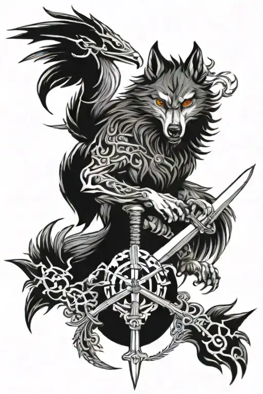 Wolf And Pheonix With A Katana Surrounded