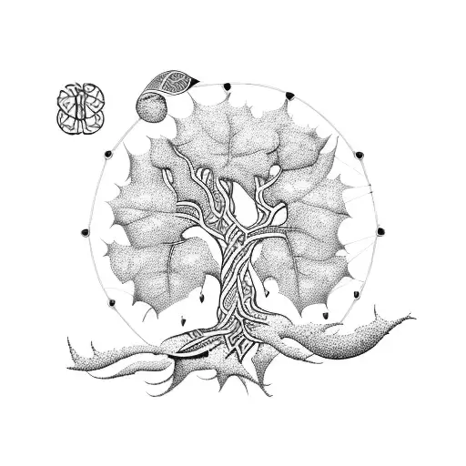 A Blackwork Tattoo Of A Tree Of Life With Musical Instruments As Its Branches
