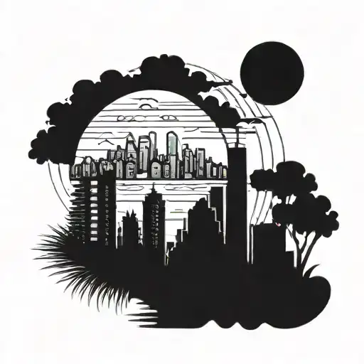 A Tropical-inspired Tattoo Featuring A Detroit Skyline Silhouette With Mountains In The Background