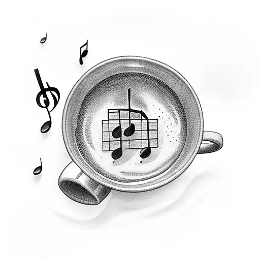 A Coffee Cup Surrounded By Musical Notes And A Beach Scene