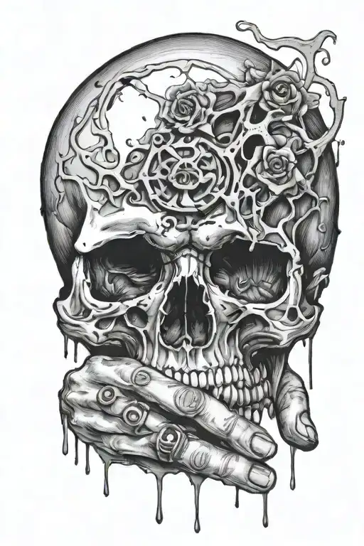 Hand Holding Skull With Fingers Thru Eyes And Torn Flesh